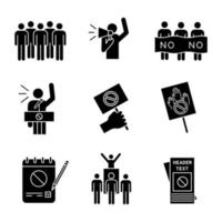 Protest action glyph icons set. Meeting, protester, picket, speech, banner, protest placard, petition, leader, leaflet. Silhouette symbols. Vector isolated illustration