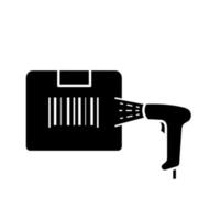 Box label scanning with barcode scanner glyph icon. Parcel bar code identification. Linear bar code handheld reader. Inventory control. Delivery service. Negative space. Vector isolated illustration