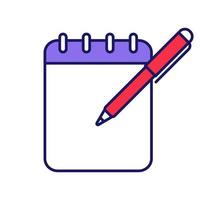 Notepad with pen color icon. Taking notes. To do list. Planner. Action planning. Business plans, goals, tasks writing down. Isolated vector illustration