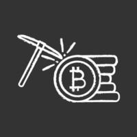 Cryptocurrency mining service chalk icon. Bitcoin crypto mining. Cryptocurrency business. Bitcoin coins stack with pickaxe. Isolated vector chalkboard illustration