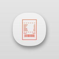 Cash receipt app icon. UI UX user interface. Paper check. Bill. Web or mobile application. Vector isolated illustration