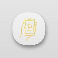 Bitcoin digital wallet app icon. E payment. Cryptocurrency. UI UX user interface. Hand holding smartphone with bitcoin sign. Digital money transaction. Web or mobile application. Vector illustration