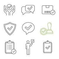 Approve linear icons set. Quality service, approved chat, delivery, security, dialog, stamp, task planning, voter, clipboard with checkmark. Isolated vector outline illustrations. Editable stroke