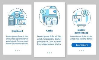 Banking onboarding mobile app page screen with linear concepts. Financial services. Credit card, cash, mobile payment app steps graphic instructions. UX, UI, GUI vector template with illustrations