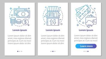 Shopping onboarding mobile app page screen with linear concepts. Cash money, credit cards, choose shop steps graphic instructions. UX, UI, GUI vector template with illustrations