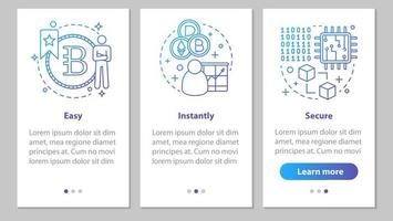 Mining business onboarding mobile app page screen with linear concepts. Cryptocurrency. Easy, instantly, secure steps graphic instructions. UX, UI, GUI vector template with illustrations