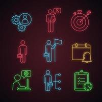 Business management neon light icons set. Manager, office, partnership, businessman, goal achieving, reminder, resume, task solving, team. Glowing signs. Vector isolated illustrations