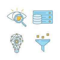 Machine learning color icons set. Retina scan, database, innovation process, data filtering. Isolated vector illustrations