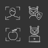 Machine learning chalk icons set. Facial recognition, secured chatbot, object detection app, chat bot. Isolated vector chalkboard illustrations