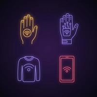 conjunto de iconos de luz de neón de tecnología nfc. etiqueta de mano de campo cercano, implante, ropa, teléfono inteligente. signos brillantes. Ilustraciones de vectores aislados