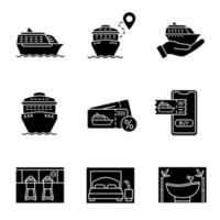 Cruise glyph icons set. Summer voyage. Cruise service, ships, trip route, bedroom, treadmills, spa salon, online tickets buying, cheap deal. Silhouette symbols. Vector isolated illustration