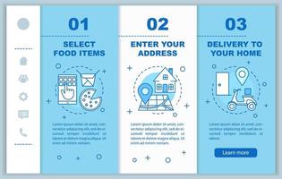 Food delivery onboarding mobile web pages vector template. Online meal ordering. Select items, setting address, home delivery. Responsive smartphone website interface. Webpage walkthrough step screens