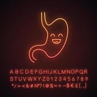 Smiling stomach neon light icon. Healthy digestive system. Gastrointestinal tract health. Glowing sign with alphabet, numbers and symbols. Vector isolated illustration