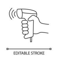 Wireless barcode scanning linear icon. Wifi barcode and QR code barcodes handheld scanner. Cashiers hand. vector