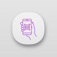 QR code scanner smartphone app icon. UI UX user interface. Matrix barcode scanning. 2D code reader. Hand holding mobile phone. QR payment. Web or mobile application. Vector isolated illustration