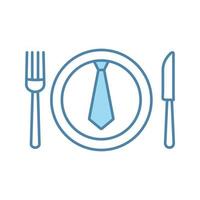 Business lunch, dinner color icon. Discussing business over meal. Table knife, fork and plate with tie inside. Isolated vector illustration