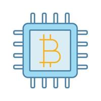 CPU mining color icon. Cryptocurrency mining hardware. Bitcoin sign inside microchip. Digital money. Isolated vector illustration