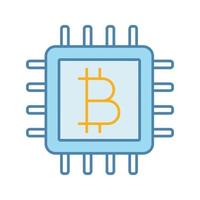 CPU mining color icon. Cryptocurrency mining hardware. Bitcoin sign inside microchip. Digital money. Isolated vector illustration