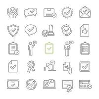 Approve linear icons set. Quality assurance. Verification and validation. Confirmation. Certificates, awards, quality badges with checkmarks. Isolated vector outline illustrations. Editable stroke