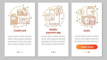 pantalla de la página de la aplicación móvil de incorporación bancaria con conceptos lineales. servicios financieros. tarjeta de crédito, efectivo, aplicación de pago móvil pasos instrucciones gráficas. ux, ui, plantilla vectorial gui con ilustraciones vector