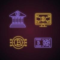 Bitcoin cryptocurrency neon light icons set. Online banking, bitcoin official web page, graphic card, CPU mining. Glowing signs. Vector isolated illustrations