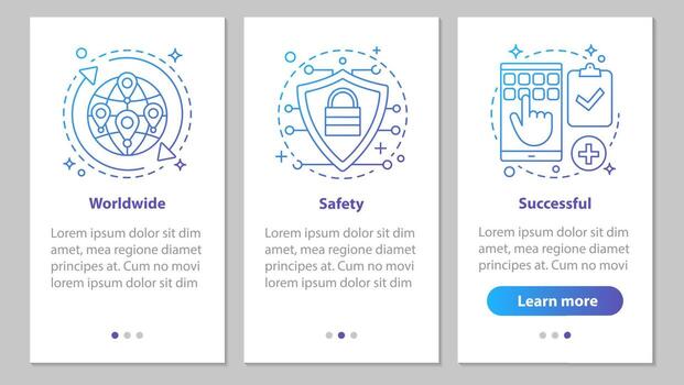 Delivery and trading onboarding mobile app page screen with linear concepts. Worldwide, successful, safe steps graphic instructions. UX, UI, GUI vector template with illustrations