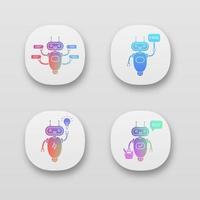 Chatbots app icons set. UI UX user interface. Talkbots. Virtual assistants. Support service, free, new idea, buy chat bots. Modern robots. Web or mobile applications. Vector isolated illustrations