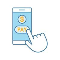 Online payment color icon. E-payment. Digital purchase. Cashless payments smartphone app. Hand pressing pay button. Isolated vector illustration