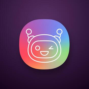 Winking robot emoji app icon. Happy and funny chatbot smiley. UI UX user interface. Web or mobile application. Chat bot emoticon. Artificial intelligence. Vector isolated illustration