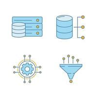 Machine learning color icons set. Relational database, server, digital settings, data filtering. Isolated vector illustrations