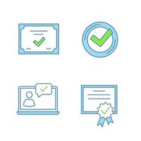 Approve color icons set. Verification and validation. Chat approved, certificate, check mark. Isolated vector illustrations