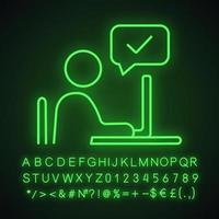 Approved employee's idea neon light icon. Approval chat. Successful remote work. Online verification. Person chatting. Glowing sign with alphabet, numbers and symbols. Vector isolated illustration