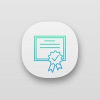 Certificate app icon. Diploma. Quality certificate. Award. License. UI UX user interface. Web or mobile application. Vector isolated illustration