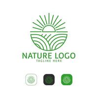 Sunrise sunset logo template with sun and grass green and orange garden for farm and nature vector