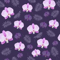 Pink orchid and palm branch on the purple seamless pattern vector