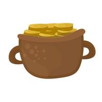 Brown cartoon pot is filled with gold coins. Vector illustration on white