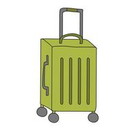 Green suitcase for traveling on wheels. In a cartoon style. On white background vector