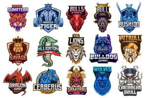 Collection of emblems of tiger, bulls, lion, alligator, samurai, bulldog, wolves, dragon, cerberus, skull. Colorful set, vector illustration