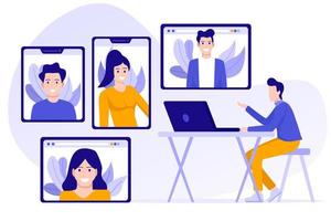 personas que se conectan, aprenden o se reúnen en línea con teleconferencia, videoconferencia trabajando a distancia en una computadora portátil, trabajo desde casa y trabajo desde cualquier lugar concepto, ilustración vectorial plana vector