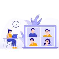 personas que se conectan, aprenden o se reúnen en línea con teleconferencia, videoconferencia trabajando a distancia en una computadora portátil, trabajo desde casa y trabajo desde cualquier lugar concepto, ilustración vectorial plana vector