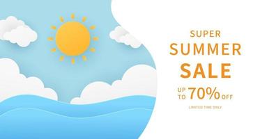 Summer banner background. Ocean with sun and fluffy clouds on blue sky background. Paper cut style. Vector illustration.