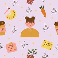 Cute seamless pattern with girl, plant, to do list etc. Flat illustration. vector