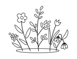 Vector spring black and white flower bed icon. First blooming plants outline illustration. Floral clip art or coloring page. Cute nursery bed with snowdrop and tulip isolated on white background.