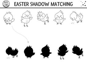 Easter black and white shadow matching activity for children with chickens. Outline spring puzzle with cute farm birds. Holiday celebration educational game for kids. Find the correct silhouette vector