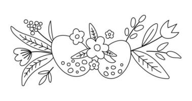 Vector black and white Easter horizontal decorative element. Cute outline composition with eggs, plants and leaves. Spring icon. Holiday floral design or coloring page with first flowers and eggs.