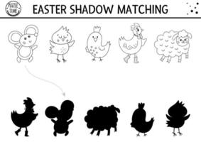 actividad de coincidencia de sombras en blanco y negro de pascua para niños. esboza el rompecabezas de primavera con lindos animales de granja. juego educativo de celebración navideña para niños. encontrar la silueta correcta vector