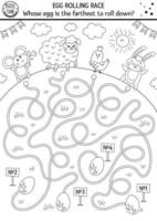 Egg black and white rolling race labyrinth. Easter maze for children. Holiday outline preschool printable educational activity. Funny spring game or coloring page with cute animals. vector