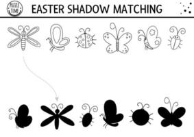 Easter black and white shadow matching activity for children. Outline spring puzzle with cute insects. Holiday celebration educational game for kids. Find the correct silhouette printable worksheet vector