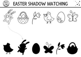 Easter black and white shadow matching activity for children. Outline spring puzzle with cute holiday symbols. Educational game for kids with eggs, basket, bunny. Find the correct silhouette vector