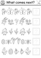 What comes next. Easter black and white matching activity for preschool children. Funny holiday puzzle. Outline logical worksheet. Continue the row. Simple spring game for kids vector